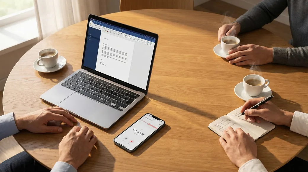 Laptop on a meeting table with coffee during a discussion